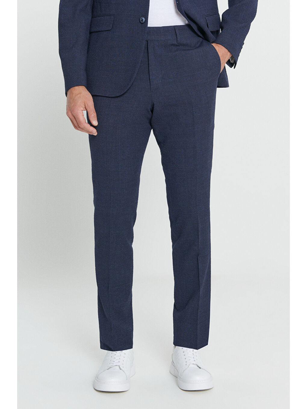 Erkek Lacivert Slim Fit Dar Kesim Mono Yaka Gofre Desenli Yünlü Takım Elbise-6