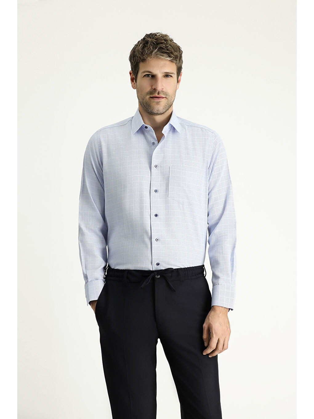 Mavi Uzun Kol Regular Fit Non Iron Ekose Pamuklu Büyük Beden Gömlek