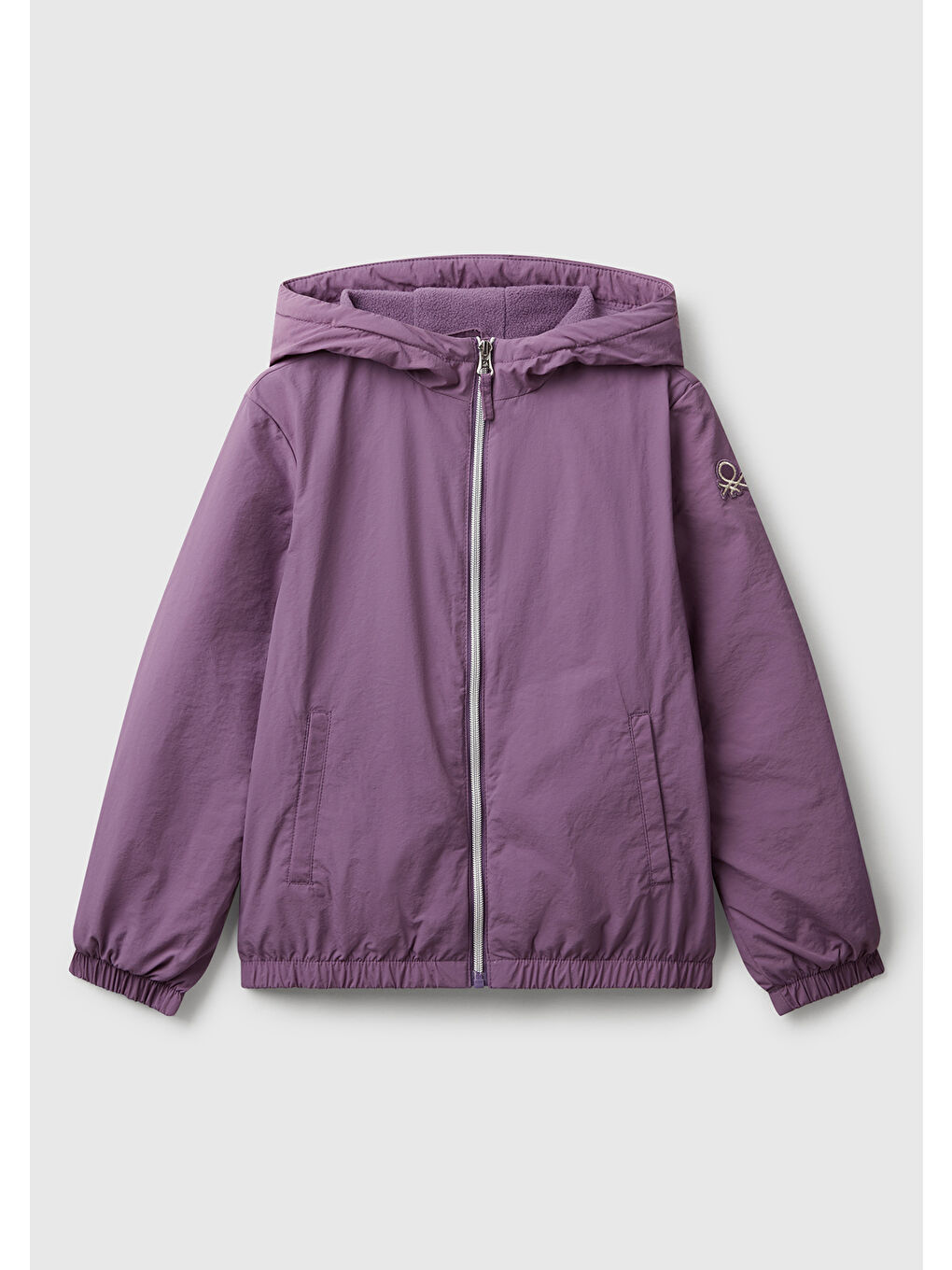 Kız Çocuk Mor Simli Logo Detaylı Cepli Kapüşonlu Jarse Yağmurluk