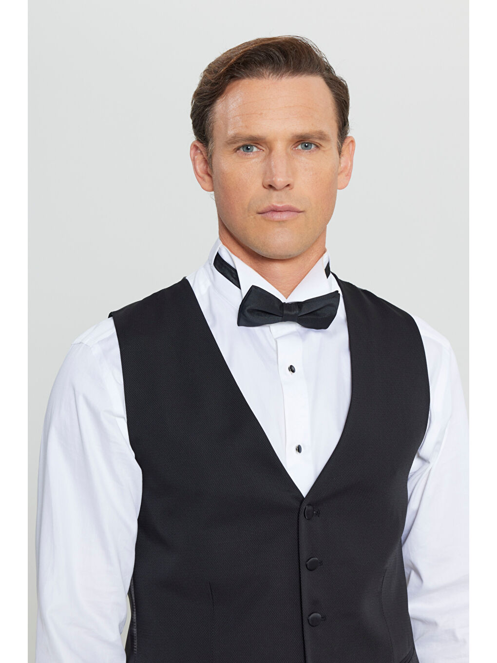 Erkek Siyah Slim Fit Dar Kesim V Yaka Çift Fleto Cepli Klasik Yelek-3