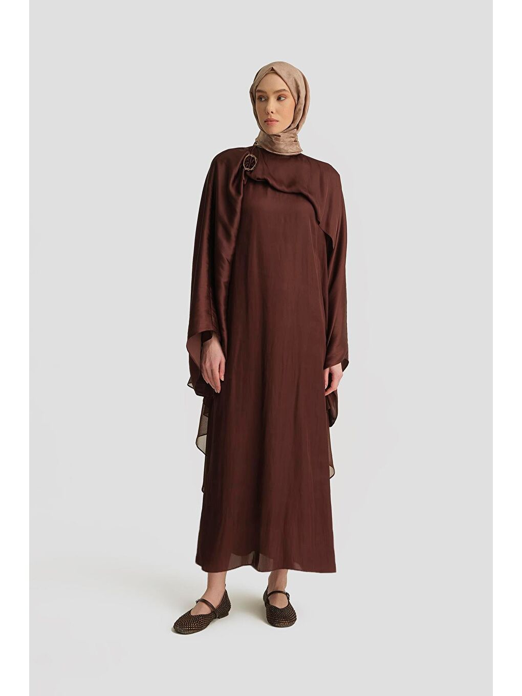 Kahverengi Omuz Tokalı Elbise 25Y9021 Açık Kahve-2