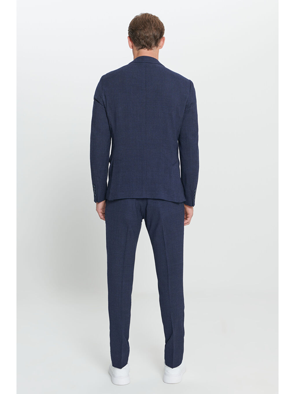 Erkek Lacivert Slim Fit Dar Kesim Mono Yaka Gofre Desenli Yünlü Takım Elbise-7