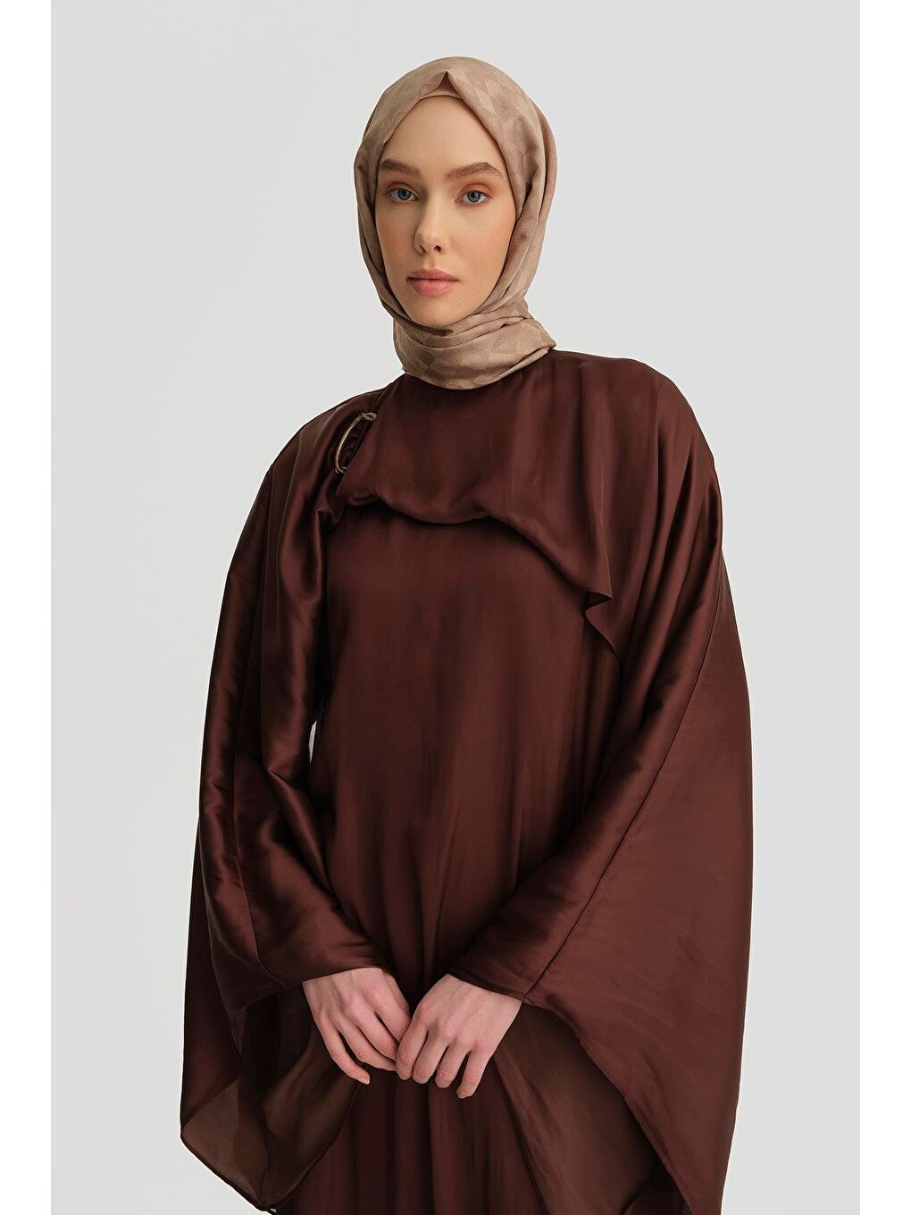 Kahverengi Omuz Tokalı Elbise 25Y9021 Açık Kahve-3