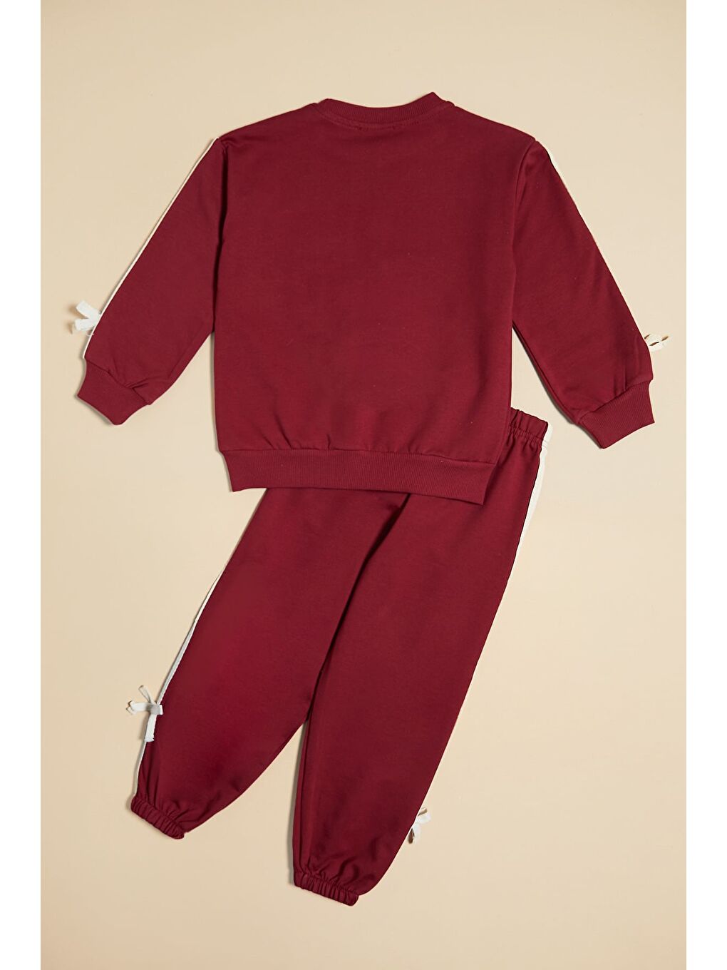 Bordo Yazı Nakışlı Şeritli Fiyonk Detaylı Kız Çocuk Takım-1