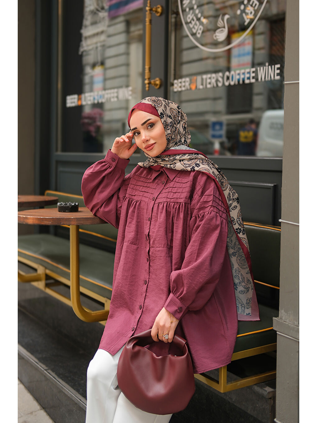 Kadın Önü Roba Detaylı Gömlek Bordo-1