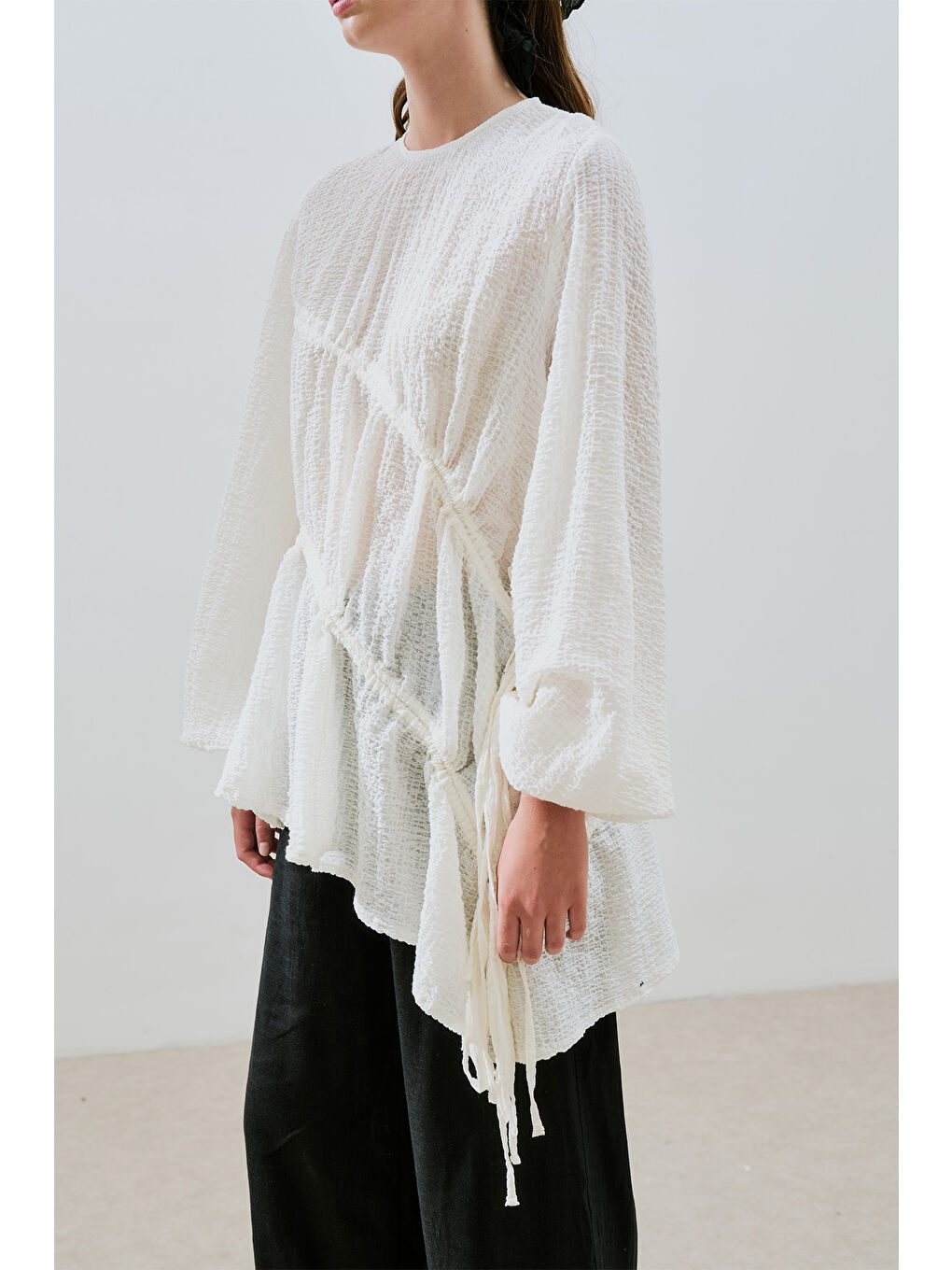 Büzgü Bağlamalı Dokulu Tunik Ekru-4