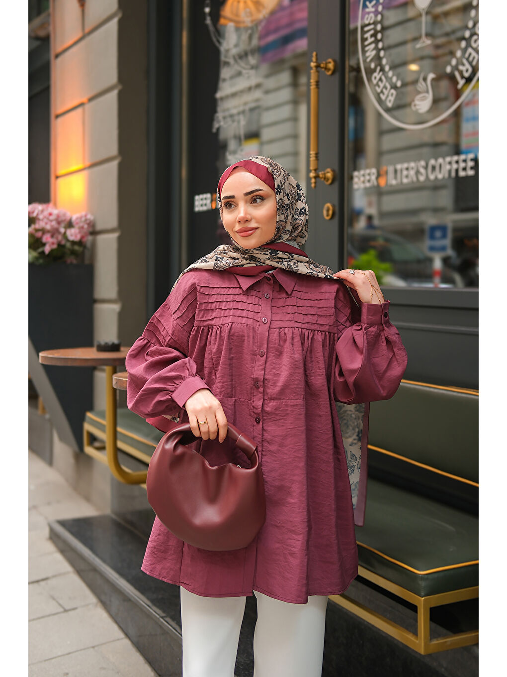 Kadın Önü Roba Detaylı Gömlek Bordo-2