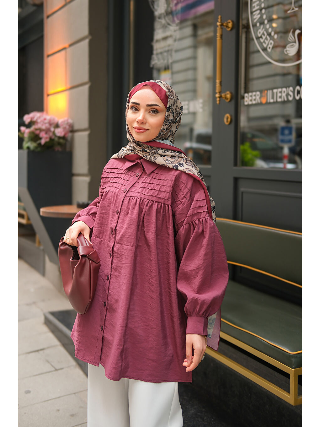 Kadın Önü Roba Detaylı Gömlek Bordo-3