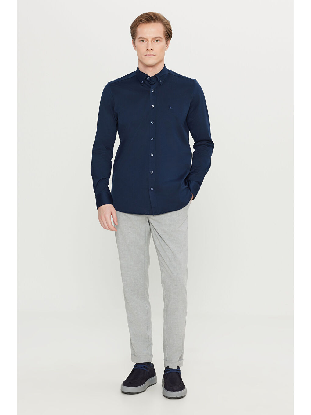 Erkek Lacivert %100 Pamuk Slim Fit Dar Kesim Düğmeli Yaka Örme Gömlek-1