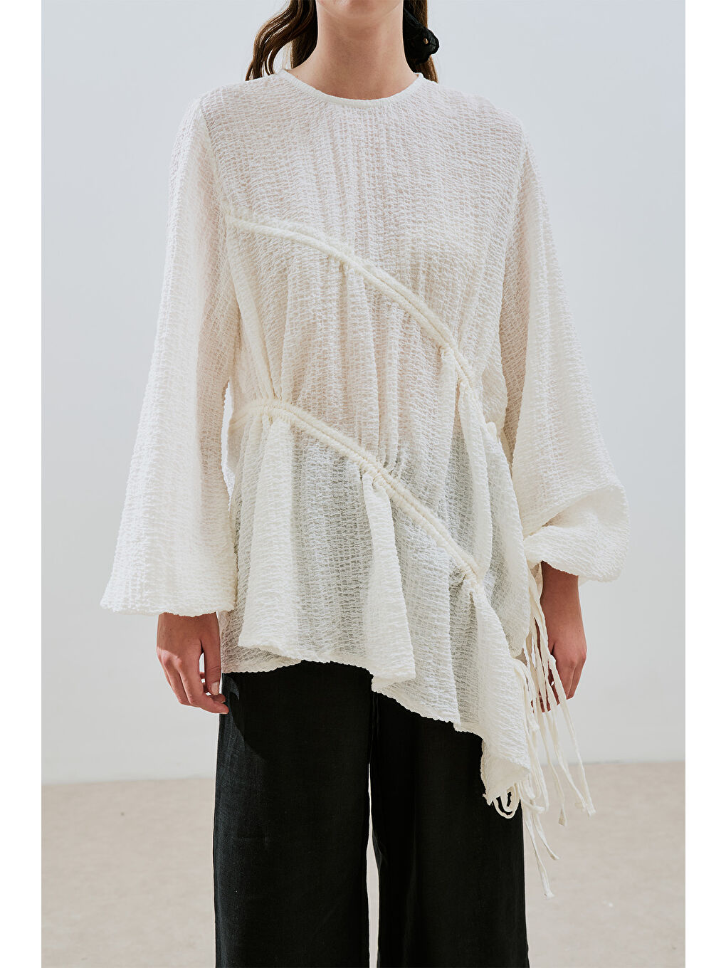 Büzgü Bağlamalı Dokulu Tunik Ekru-5