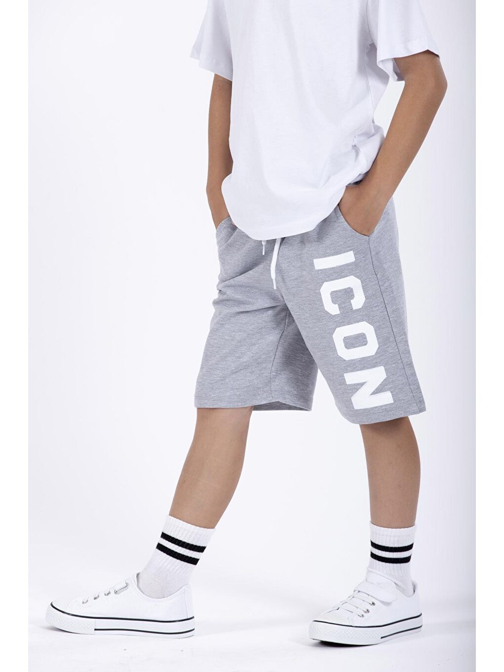 Icon Baskılı Gri Renk Erkek Çocuk Kapri-2