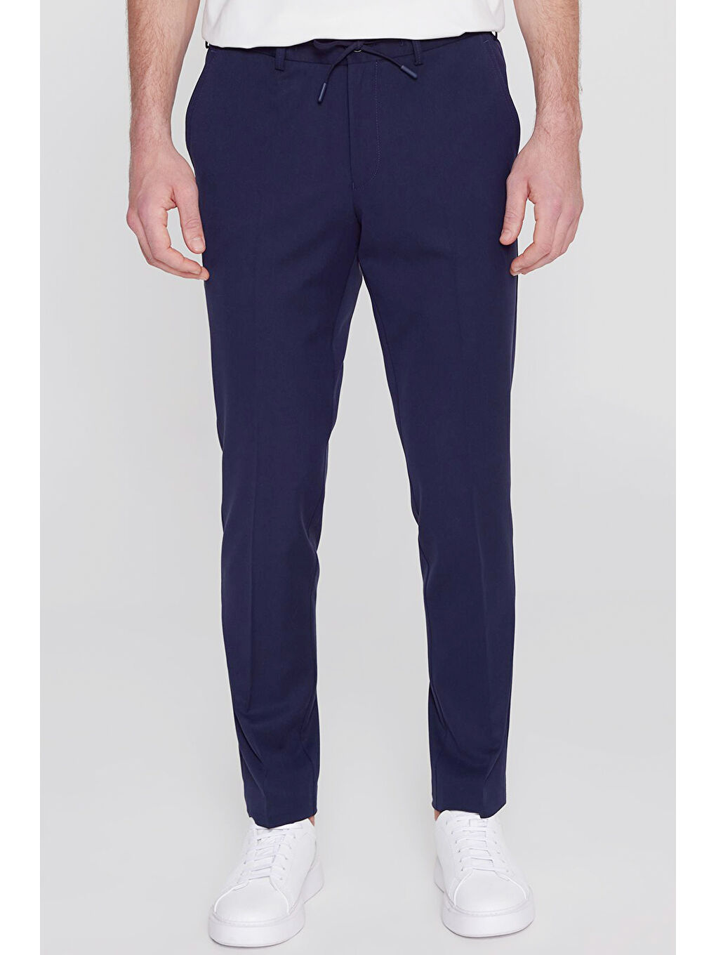 Erkek Lacivert Slim Fit Dar Kesim Beli Bağlamalı Yan Cepli Casual Esnek Pantolon-1