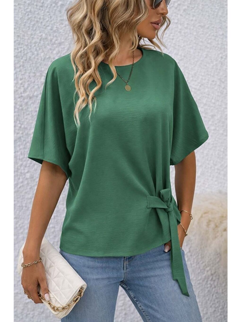 Yeşil Kadın Kısa Kollu Bisiklet Yaka Yandan Bağcıklı Aerobin Bluz-2