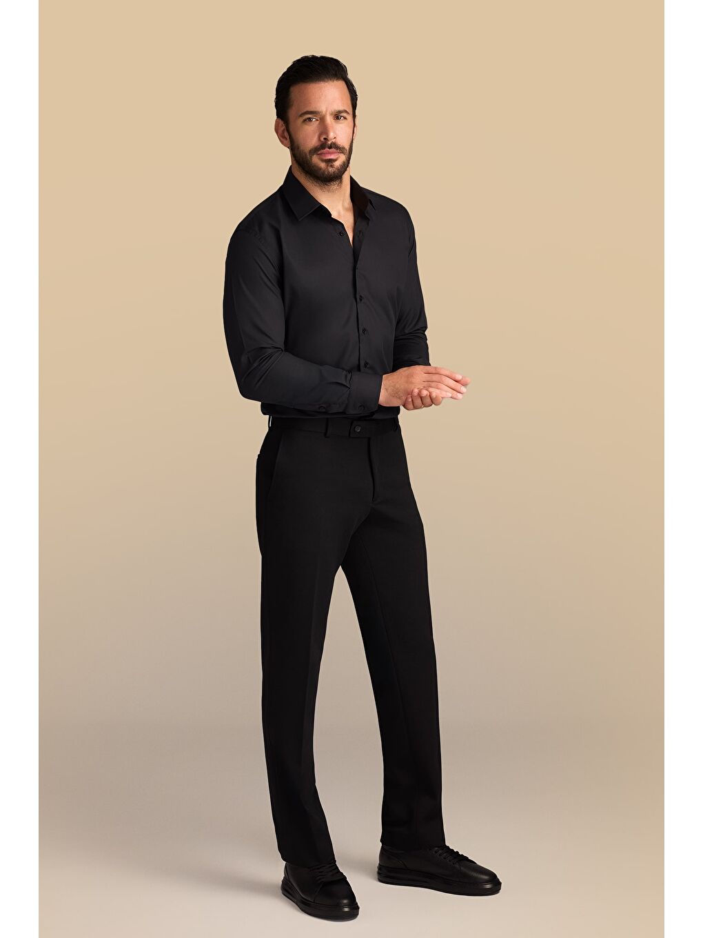 Siyah Uzun Kol Slim Fit Dar Kesim Non Iron Ütü Gerektirmeyen Pamuklu Büyük Beden Gömlek