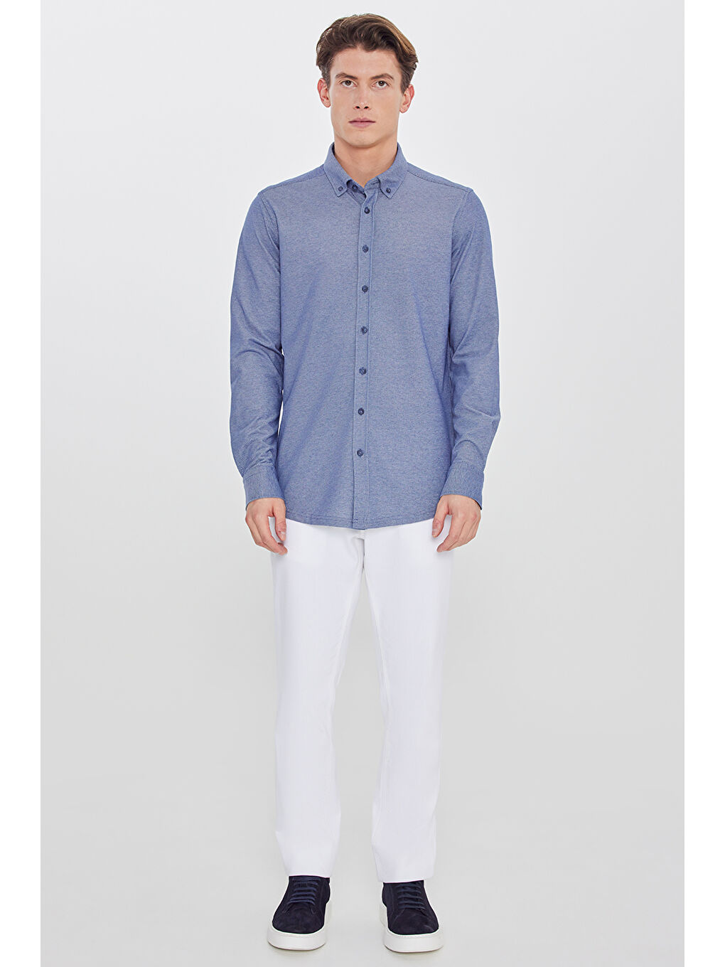 Erkek Lacivert Pamuklu Slim Fit Dar Kesim Düğmeli Yaka Örme Gömlek-1