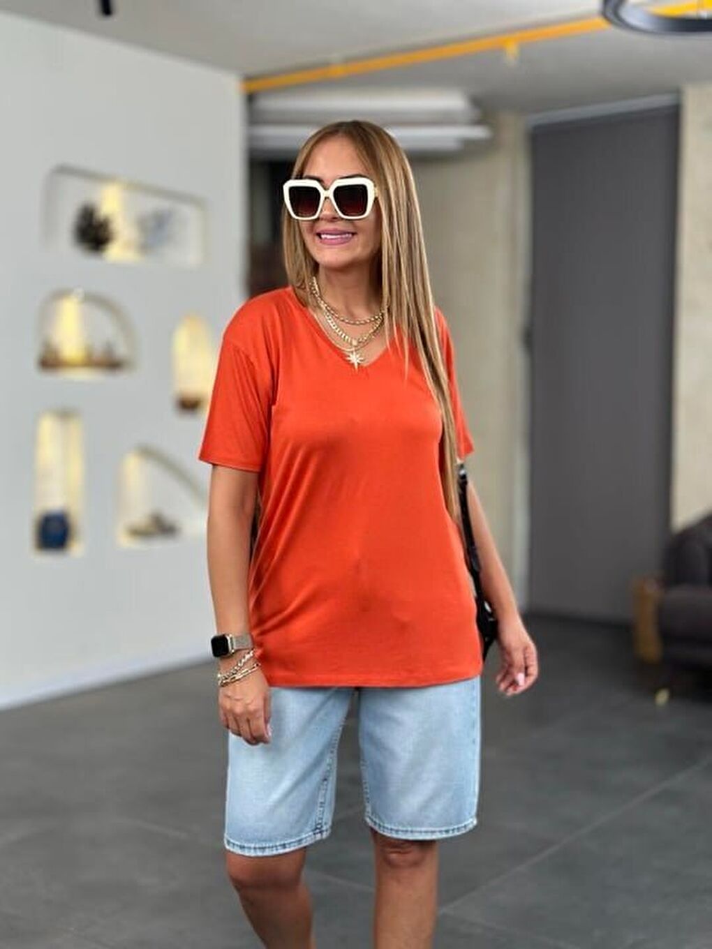 Turuncu Kadın Kısa Kollu V Yaka Bluz-2