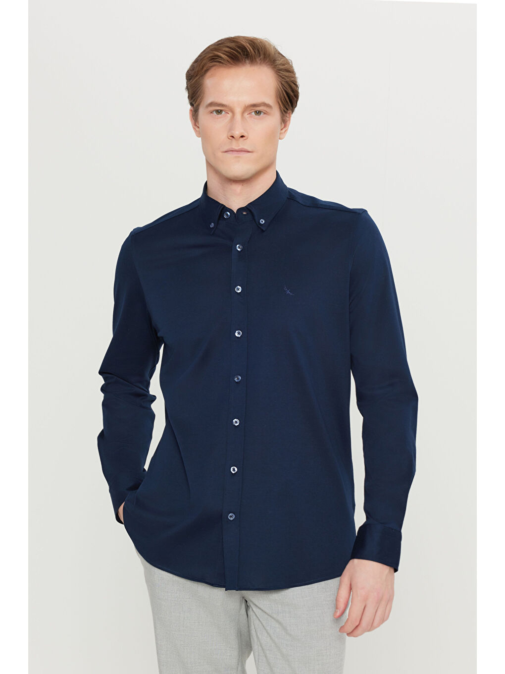 Erkek Lacivert %100 Pamuk Slim Fit Dar Kesim Düğmeli Yaka Örme Gömlek-2