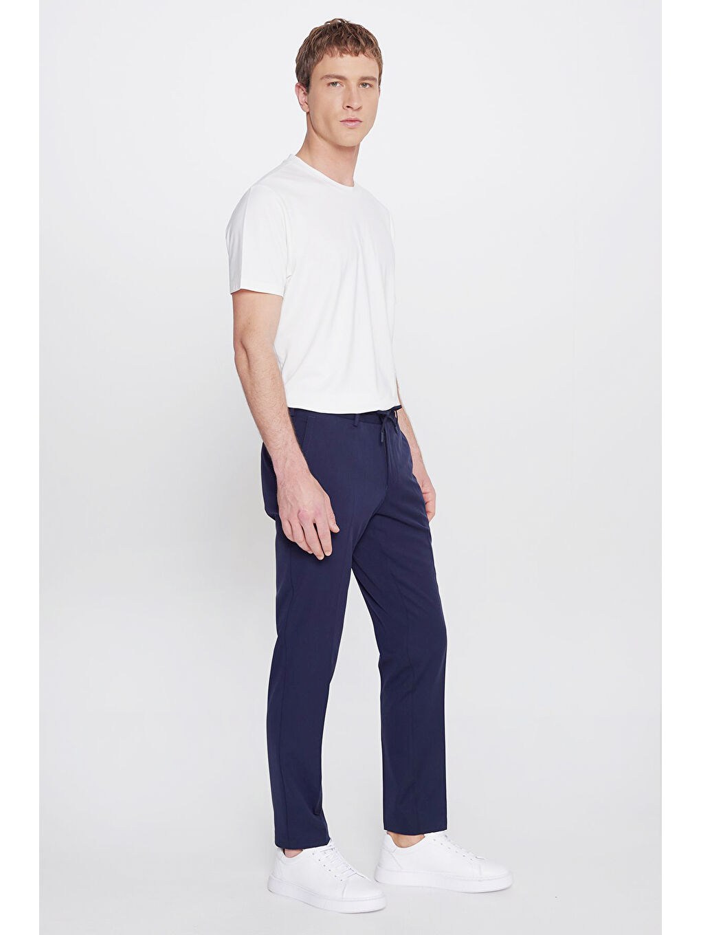 Erkek Lacivert Slim Fit Dar Kesim Beli Bağlamalı Yan Cepli Casual Esnek Pantolon-2