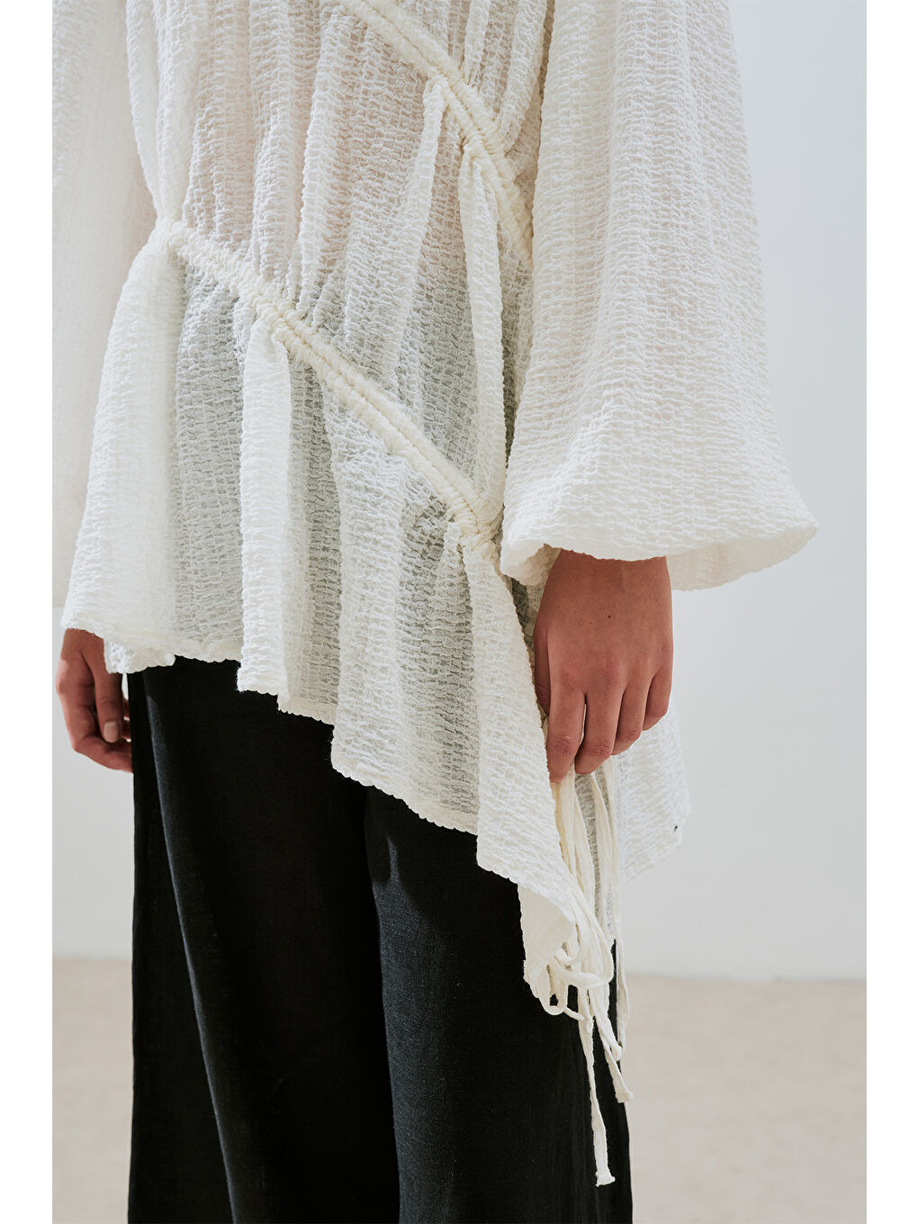 Büzgü Bağlamalı Dokulu Tunik Ekru-6
