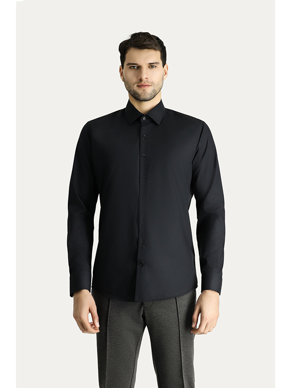 Siyah Uzun Kol Slim Fit Dar Kesim Non Iron Ütü Gerektirmeyen Pamuklu Büyük Beden Gömlek-4