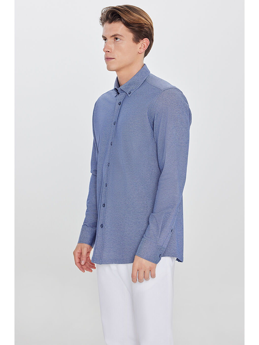 Erkek Lacivert Pamuklu Slim Fit Dar Kesim Düğmeli Yaka Örme Gömlek-2