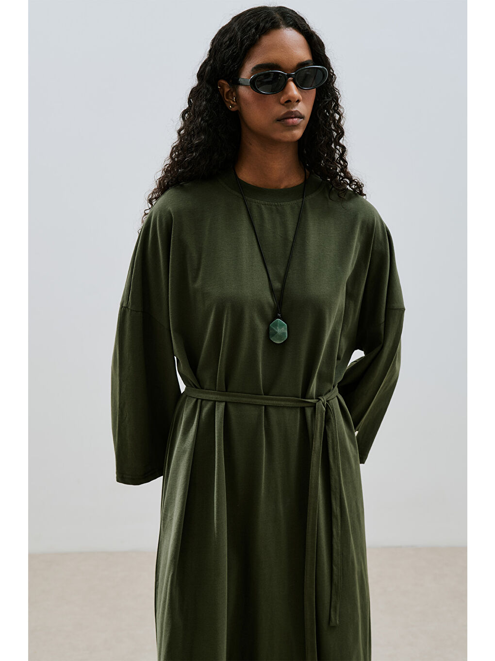 Oversıze Uzun Rahat Elbise Koyu Yeşil-1