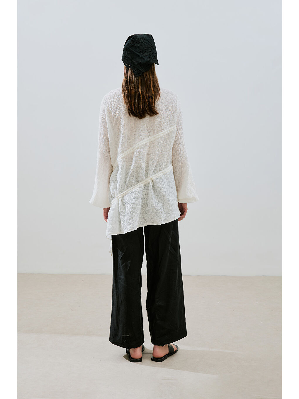 Büzgü Bağlamalı Dokulu Tunik Ekru-7