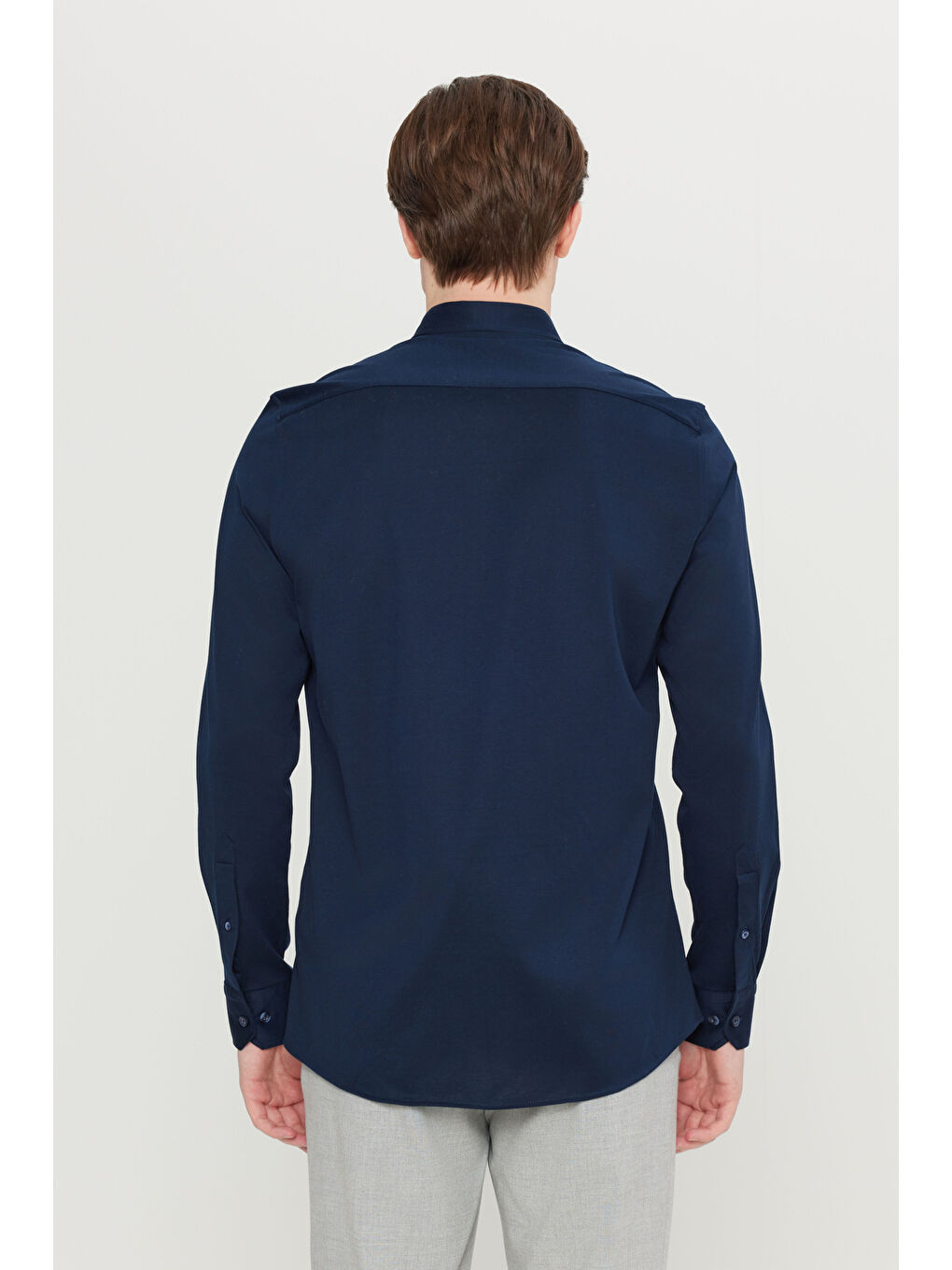 Erkek Lacivert %100 Pamuk Slim Fit Dar Kesim Düğmeli Yaka Örme Gömlek-4