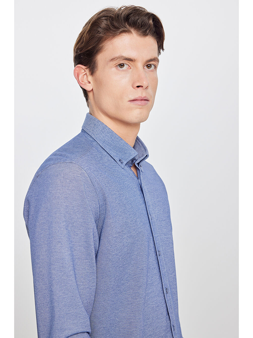 Erkek Lacivert Pamuklu Slim Fit Dar Kesim Düğmeli Yaka Örme Gömlek-3