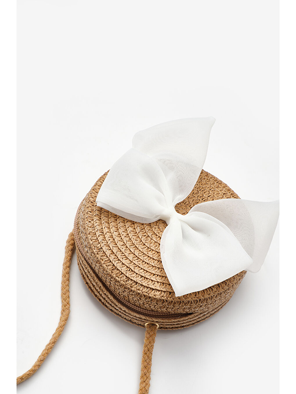 Kahverengi Beyaz Fiyonklu Kız Çocuk Hasır Çanta-1