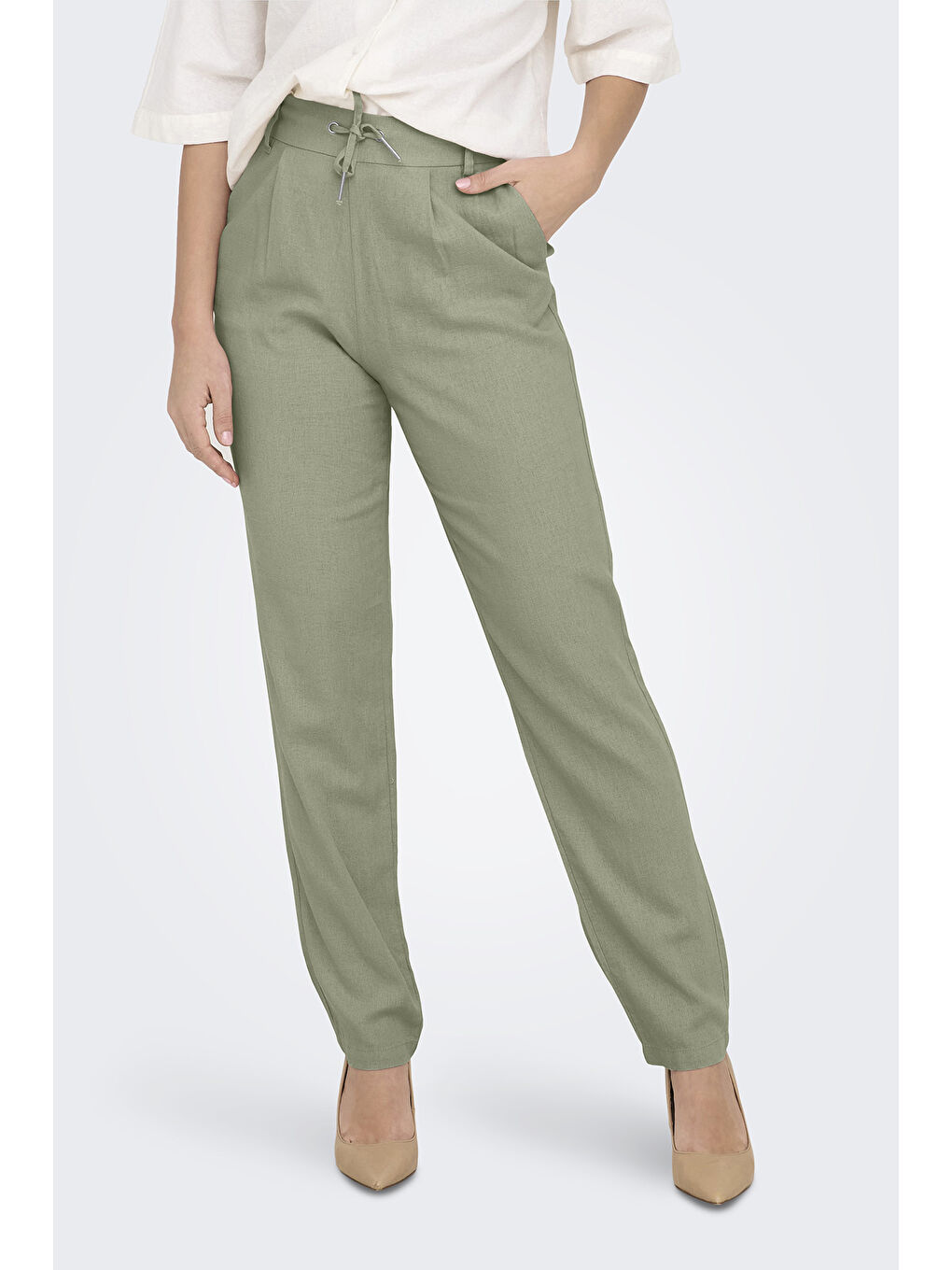 Yeşil Onlcaro-Poptrash Keten Karışımlı Comfort Fit Normal Bel Düz Paça Pantolon 15278710