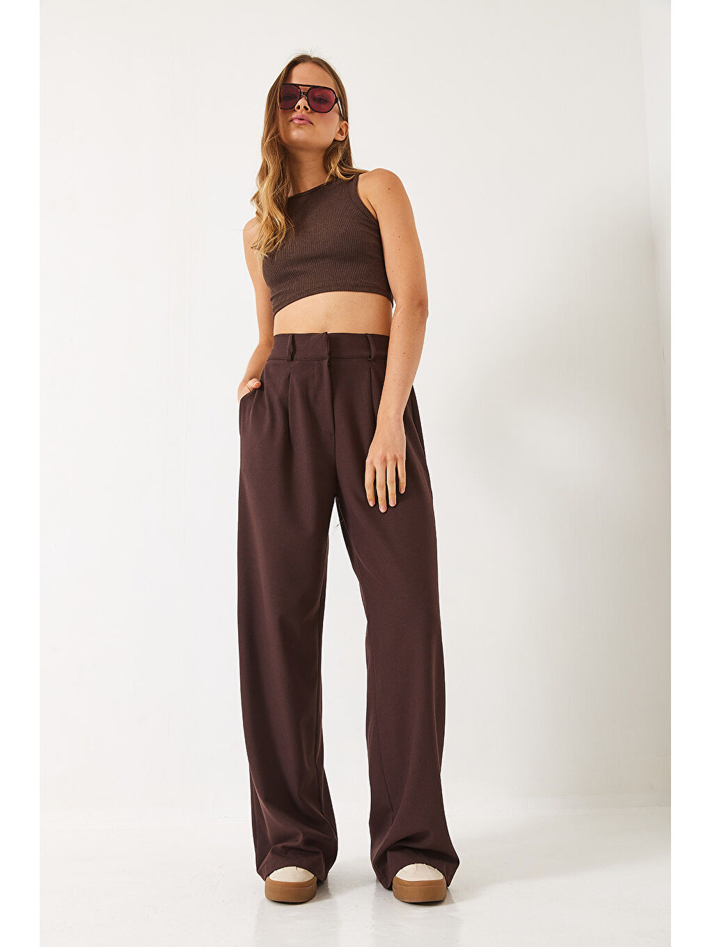 Kahverengi Kadın Beli Lastikli Bol Paça Pantolon-2