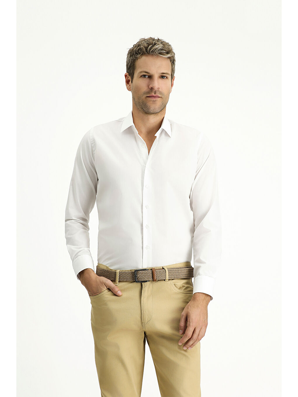 Beyaz Uzun Kol Slim Fit Dar Kesim Non Iron Ütü Gerektirmeyen Pamuklu Büyük Beden Gömlek-1