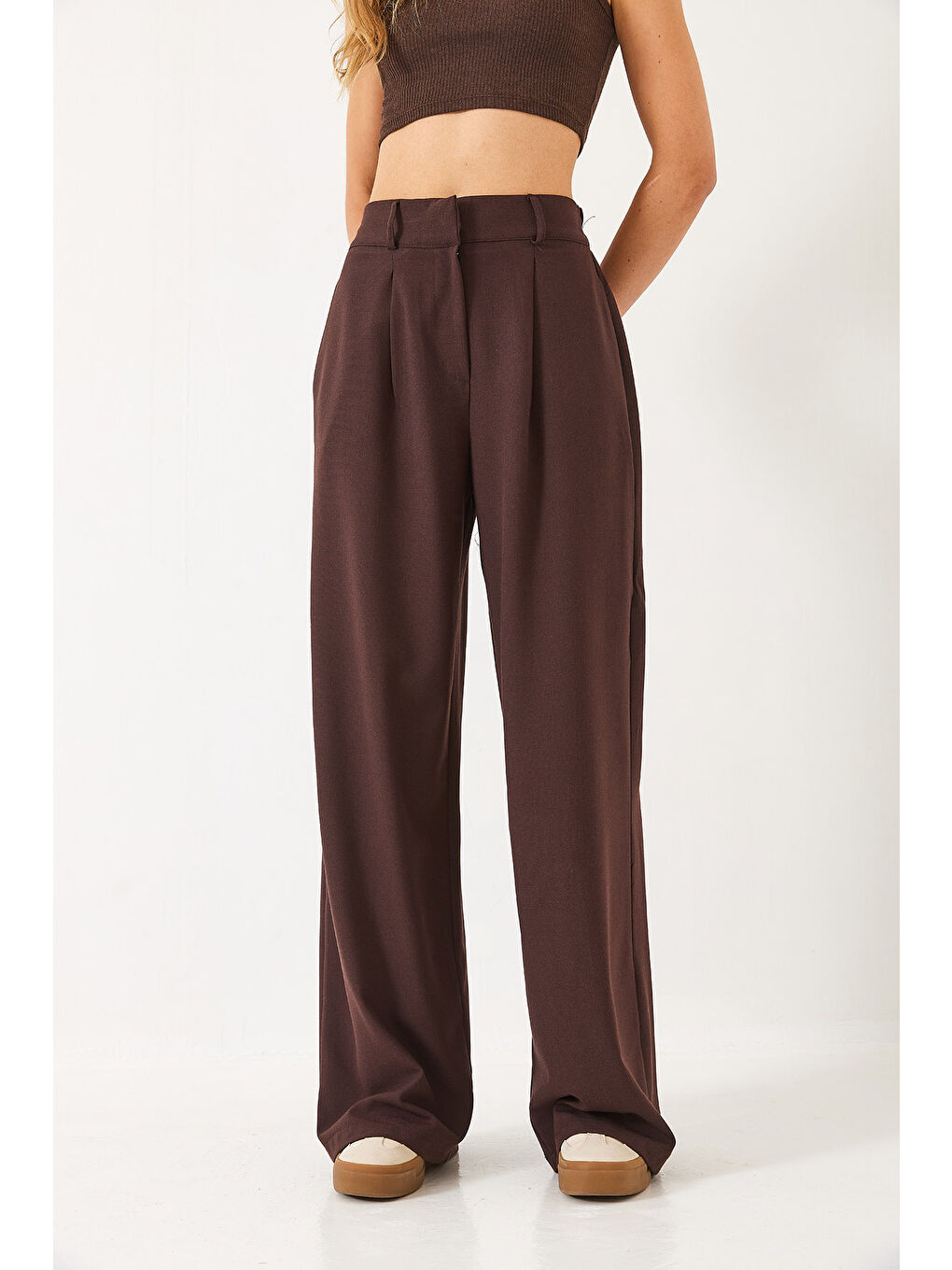 Kahverengi Kadın Beli Lastikli Bol Paça Pantolon-4