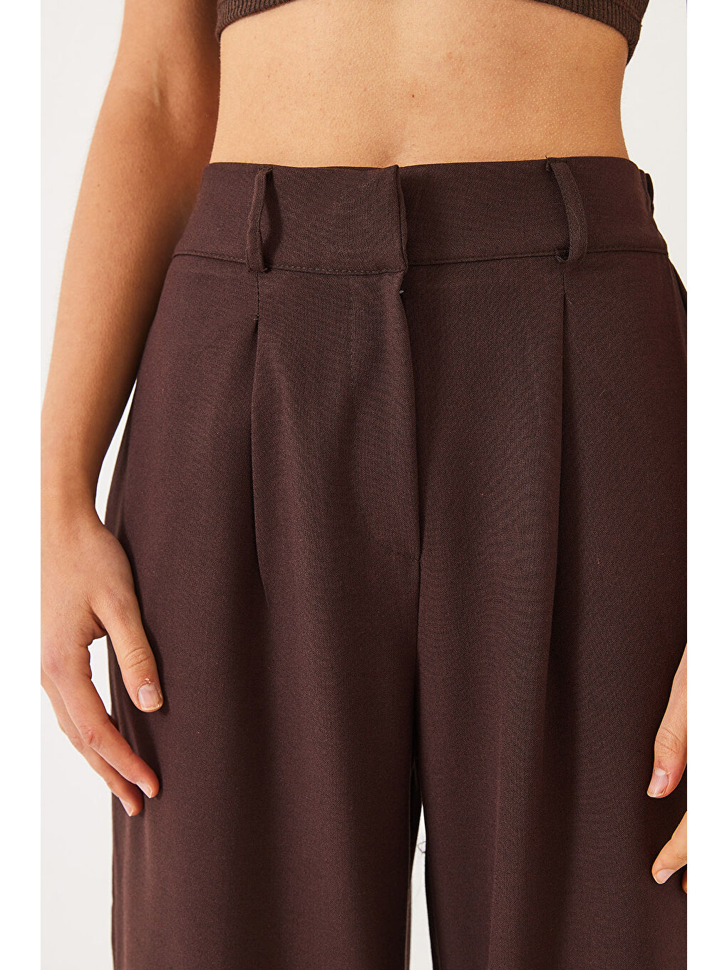 Kahverengi Kadın Beli Lastikli Bol Paça Pantolon-5