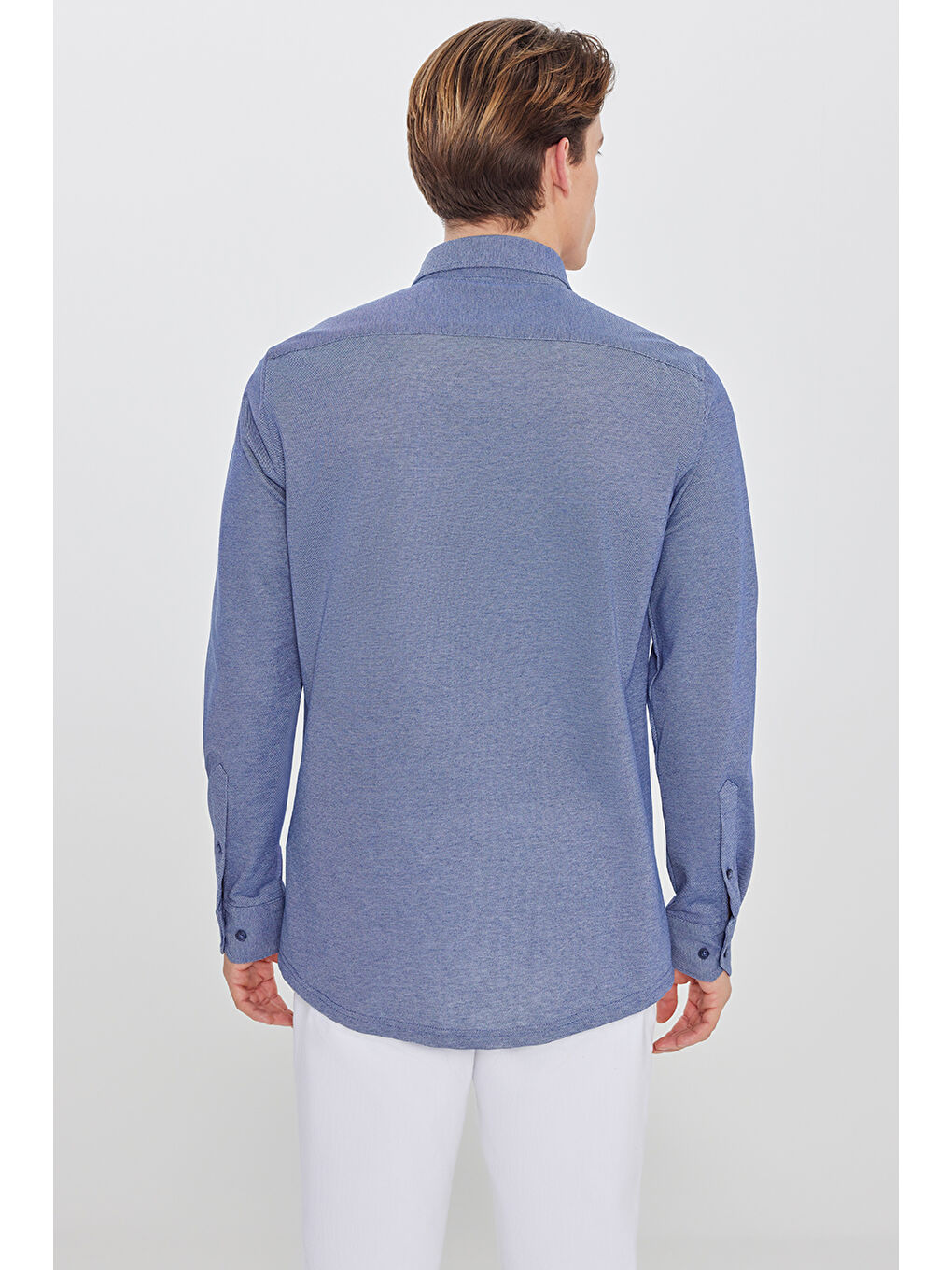 Erkek Lacivert Pamuklu Slim Fit Dar Kesim Düğmeli Yaka Örme Gömlek-4