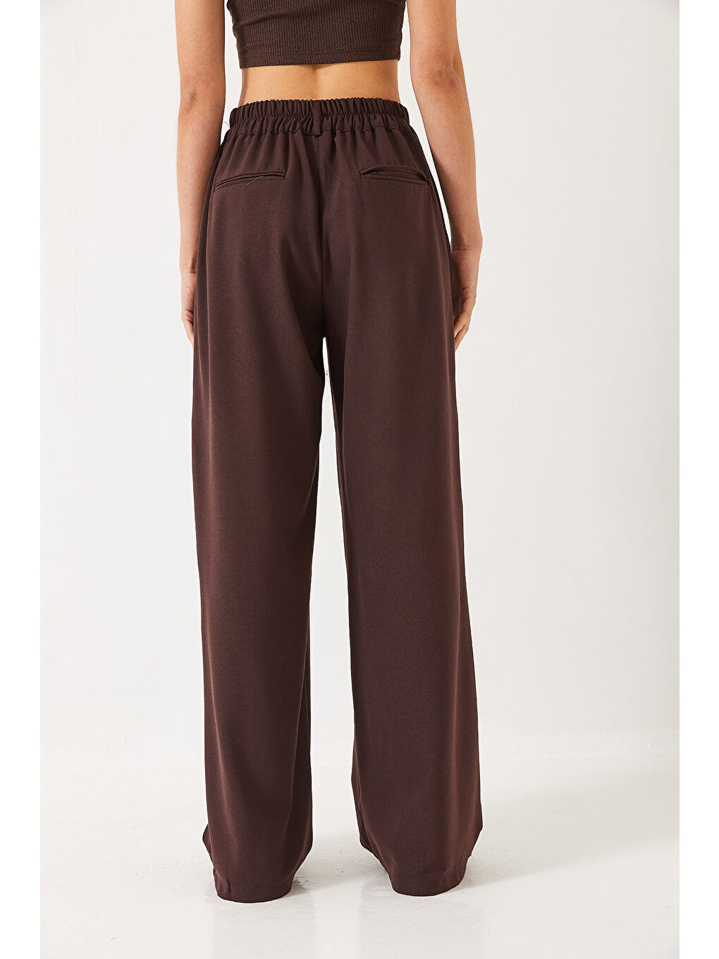 Kahverengi Kadın Beli Lastikli Bol Paça Pantolon-6
