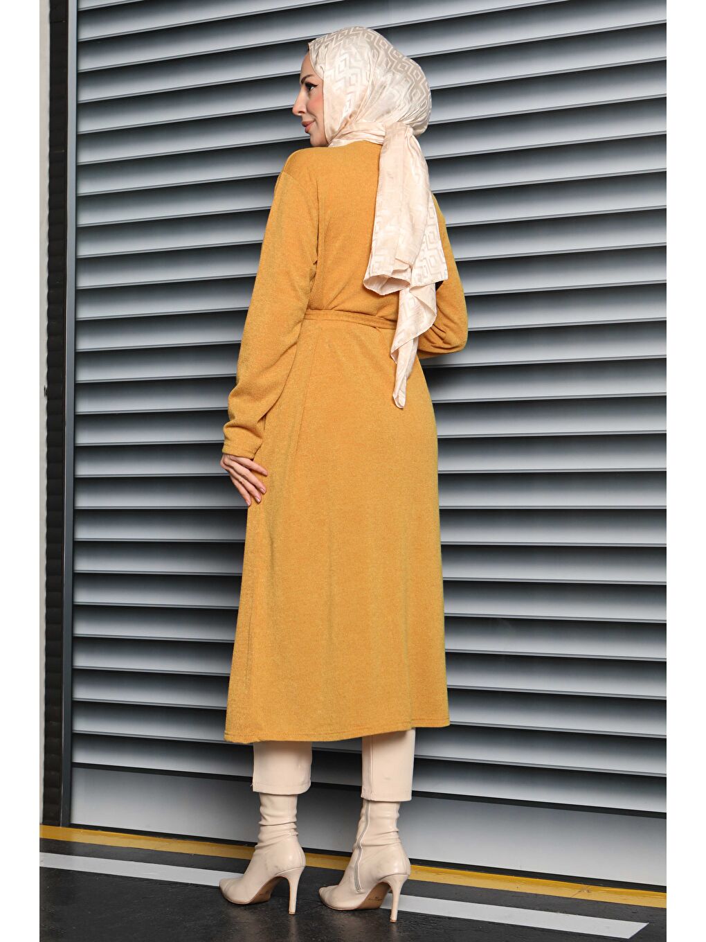 Sarı Cepli Kemerli Uzun Hırka Hardal - 27950-HARDAL-1