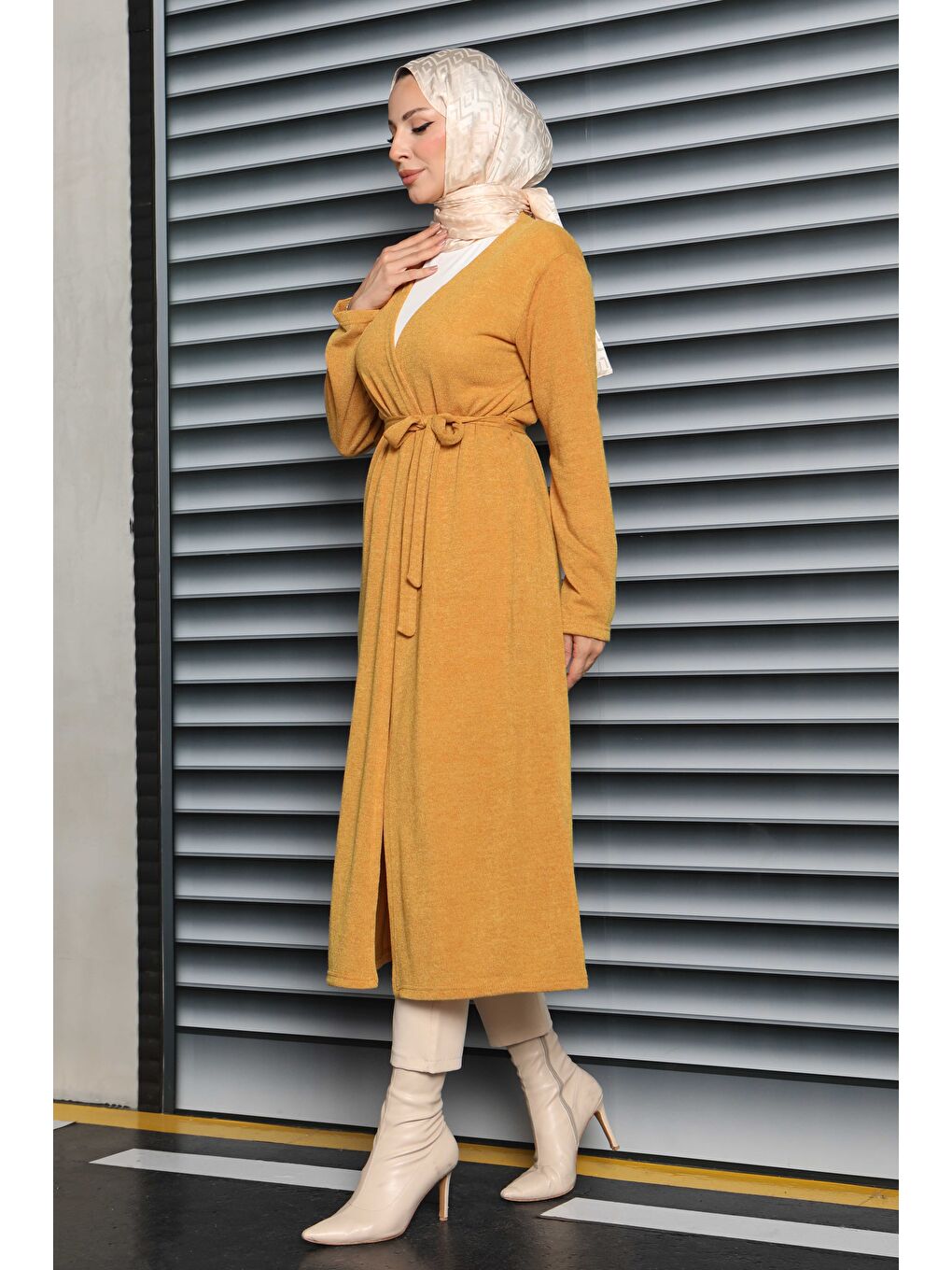 Sarı Cepli Kemerli Uzun Hırka Hardal - 27950-HARDAL-2