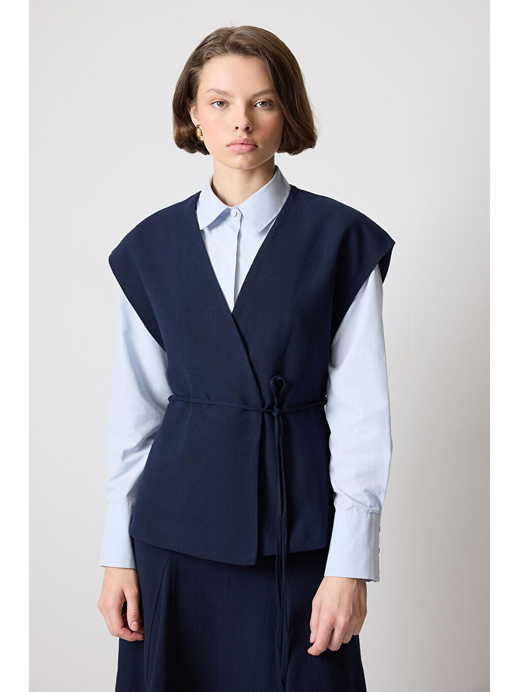 Lacivert Biye Kemerli Yelek Etek Takım-3