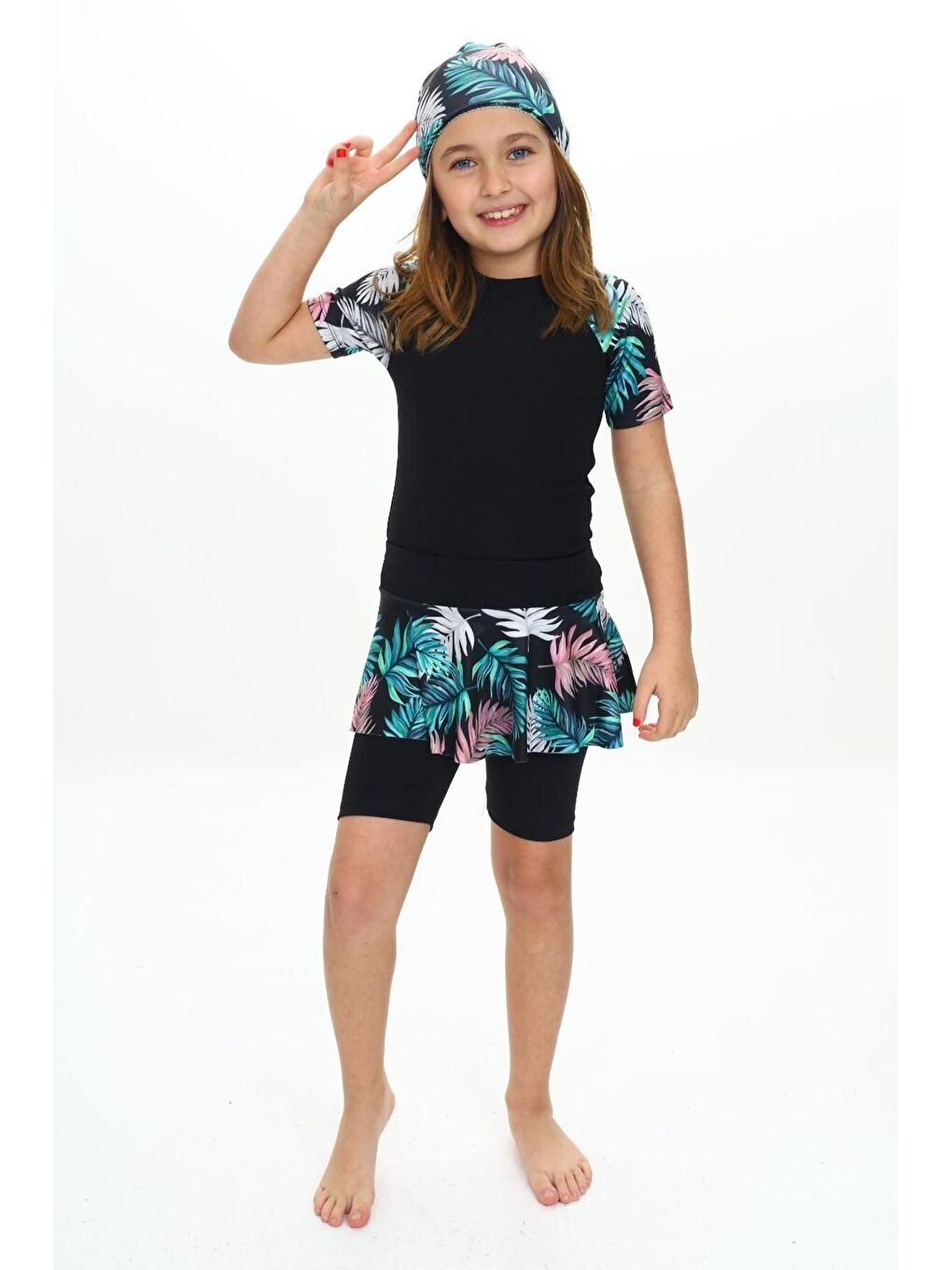 Siyah Elastanlı Dalgıç Kumaş Üç Parça Kız çocuk Mayo