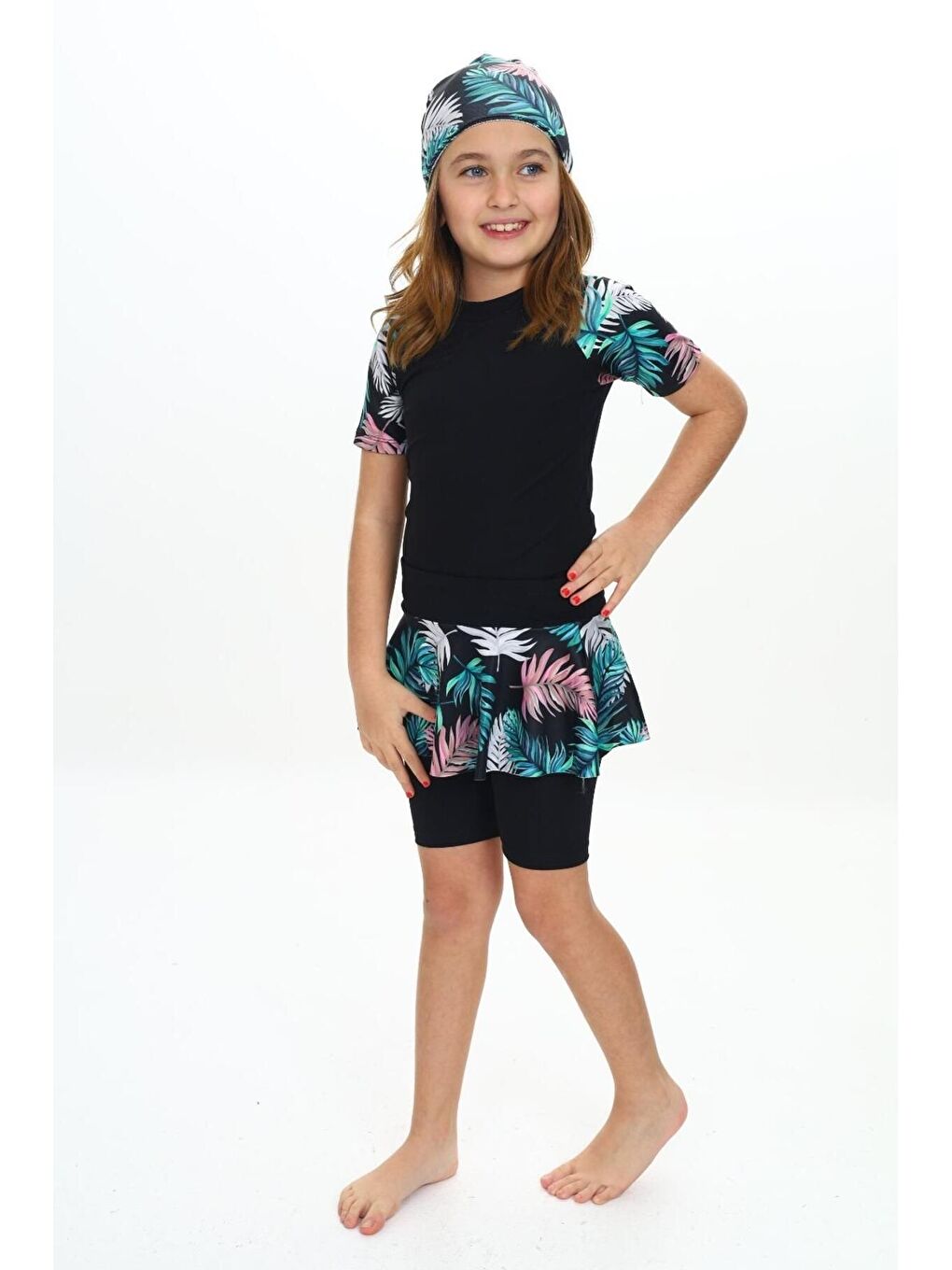 Siyah Elastanlı Dalgıç Kumaş Üç Parça Kız çocuk Mayo-1