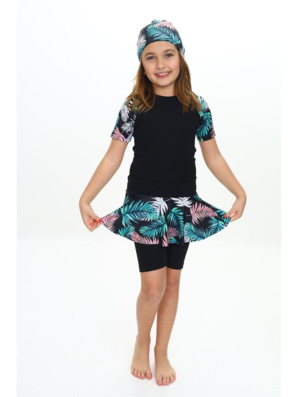 Siyah Elastanlı Dalgıç Kumaş Üç Parça Kız çocuk Mayo-2