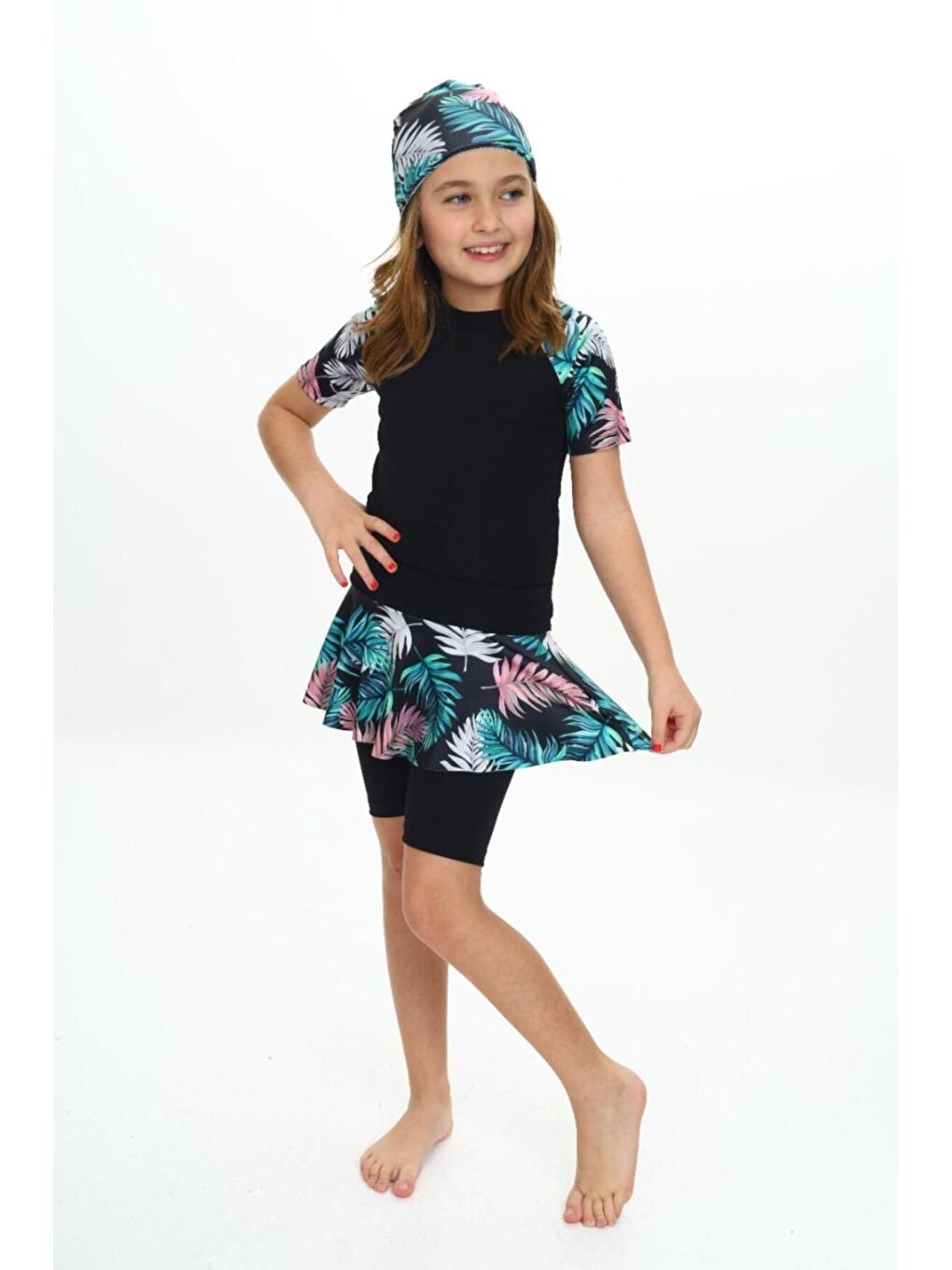 Siyah Elastanlı Dalgıç Kumaş Üç Parça Kız çocuk Mayo-3