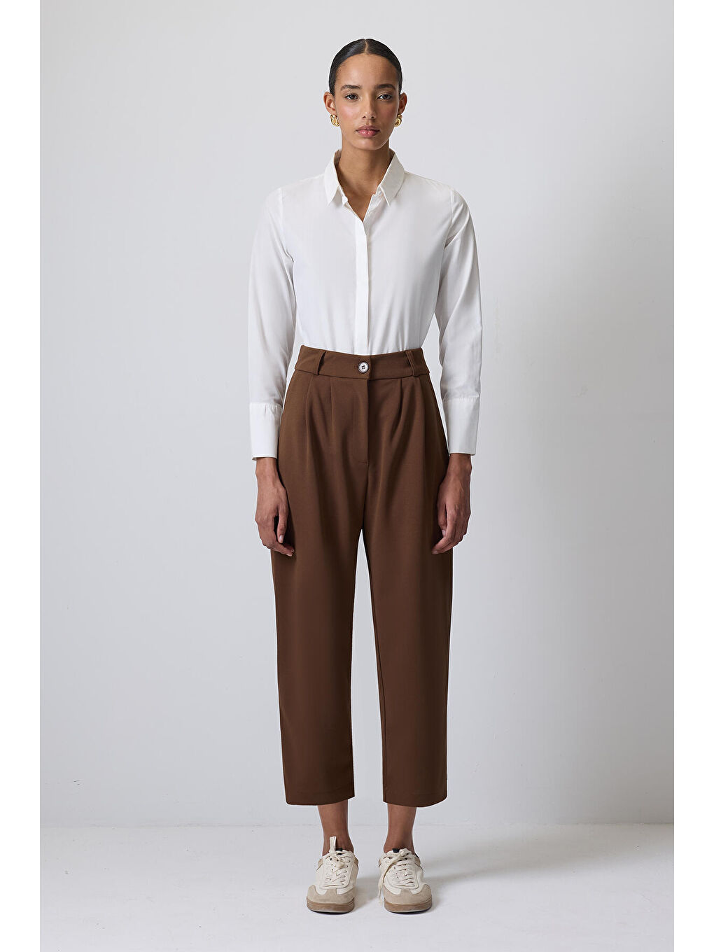 Kahverengi Çift Pileli Bol Pantolon