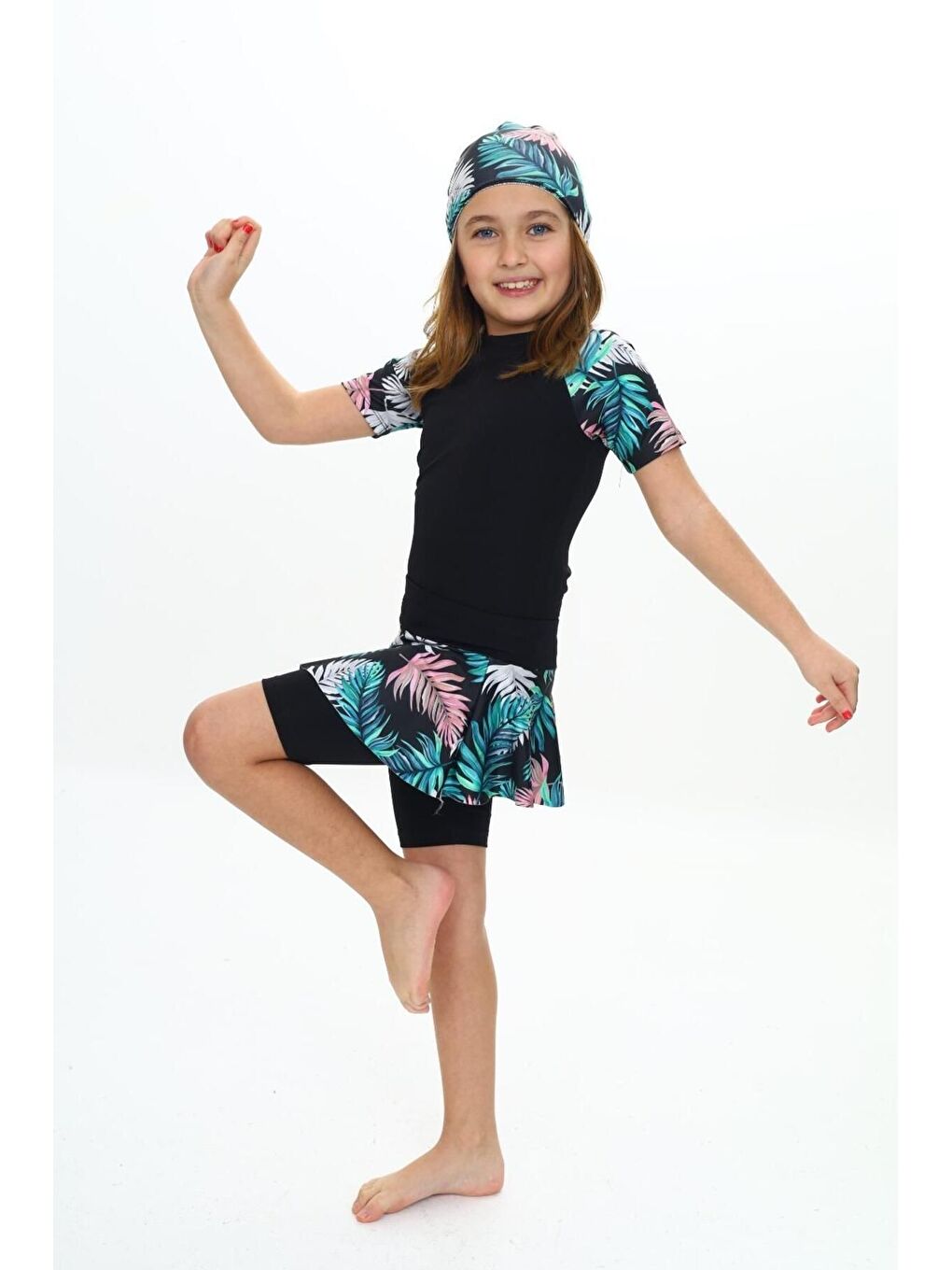 Siyah Elastanlı Dalgıç Kumaş Üç Parça Kız çocuk Mayo-4