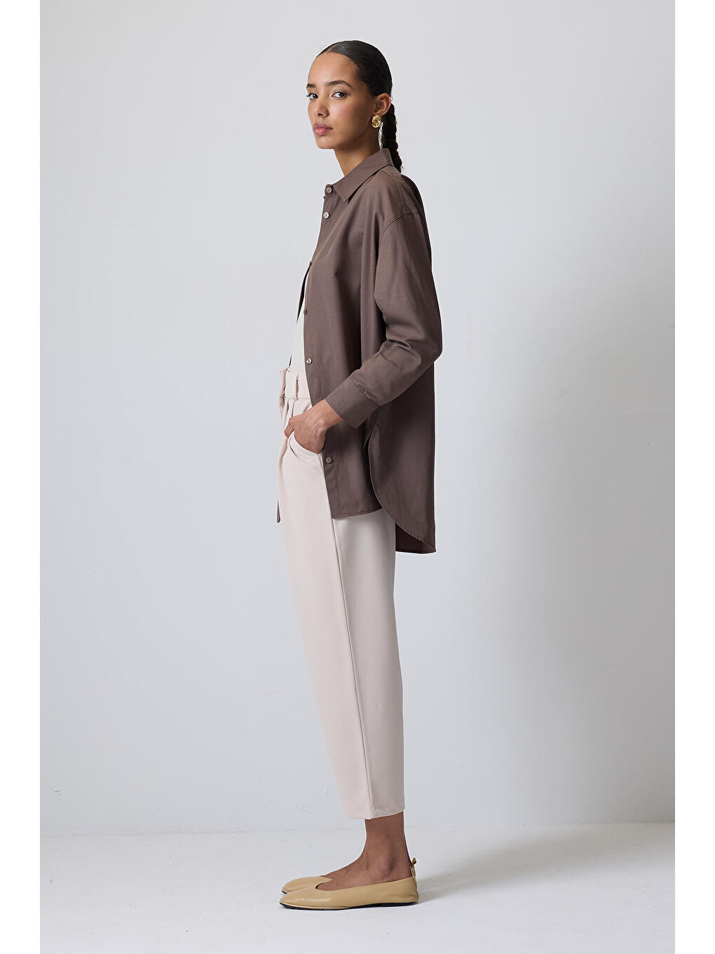 Bej Çift Pileli Bol Pantolon-2