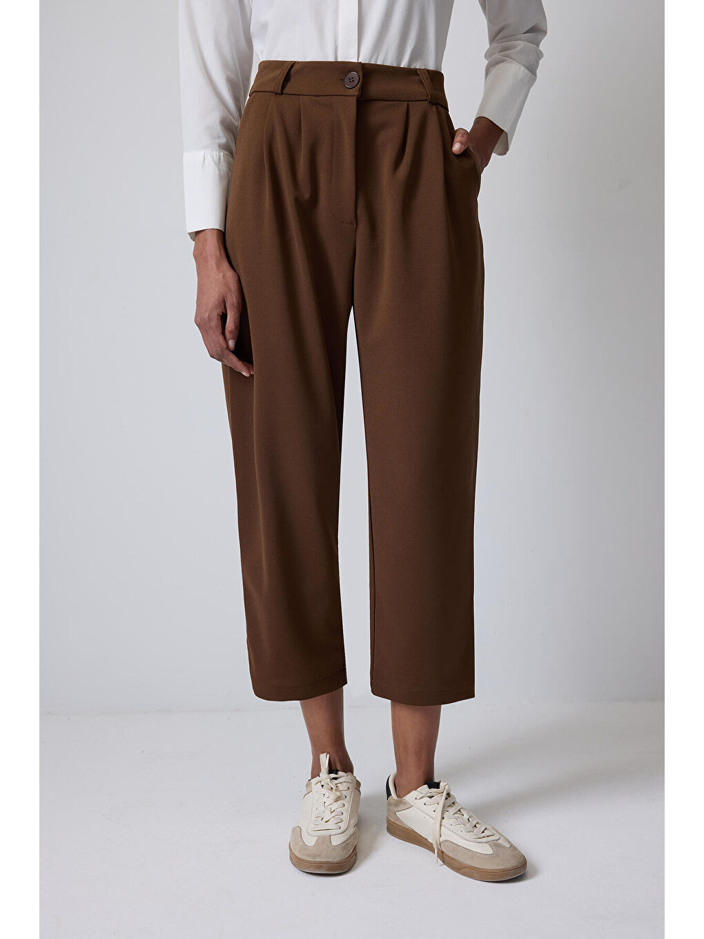 Kahverengi Çift Pileli Bol Pantolon-1
