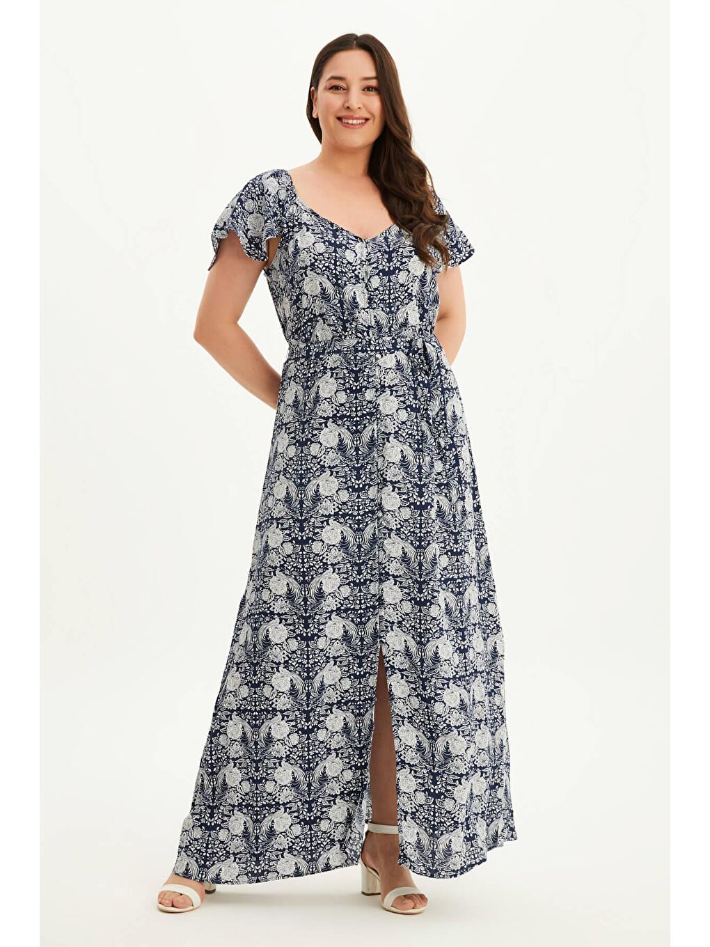 Lacivert Kolları Volanlı Uzun Elbise-2