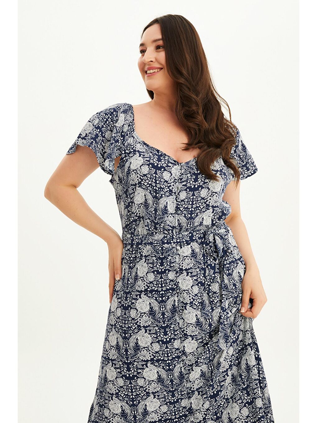 Lacivert Kolları Volanlı Uzun Elbise-3